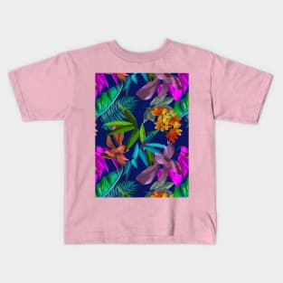 tropical floral leaves botanical garden, tropical plants,leaves and flowers, dark blue leaves pattern Kids T-Shirt